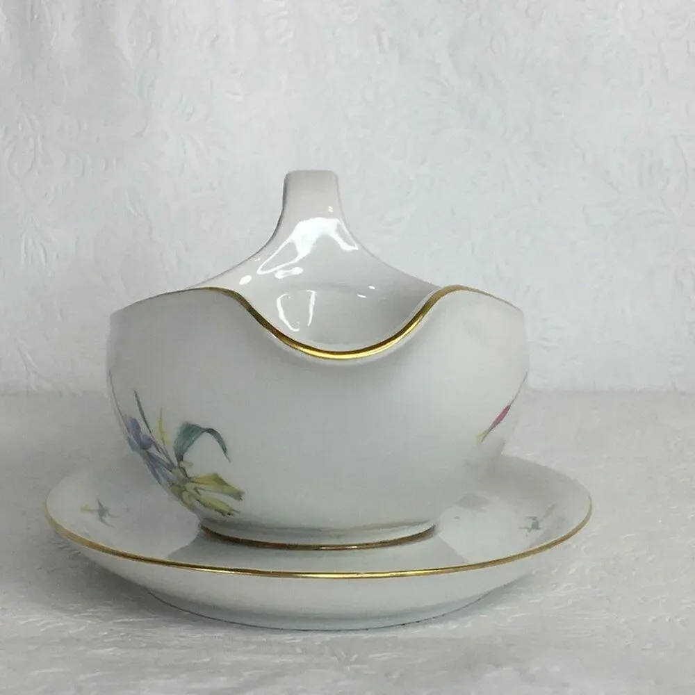 Vintage Eschenbach Gravy Boat with Underplate W1458 Pink Blue Gold Trim